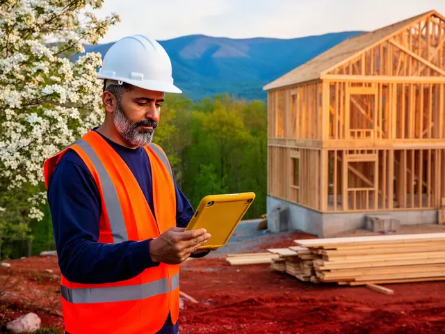 Builder in a hard hat and orange vest checking a tablet beside a timber-framed house