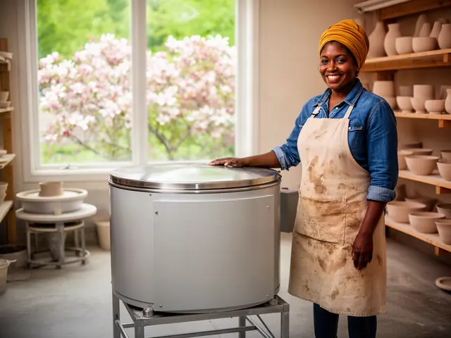 Smiling potter in a denim shirt and clay-stained apron resting a hand on a new kiln