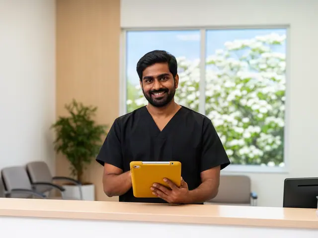Smiling man in black scrubs holding a tablet behind a clinic front desk