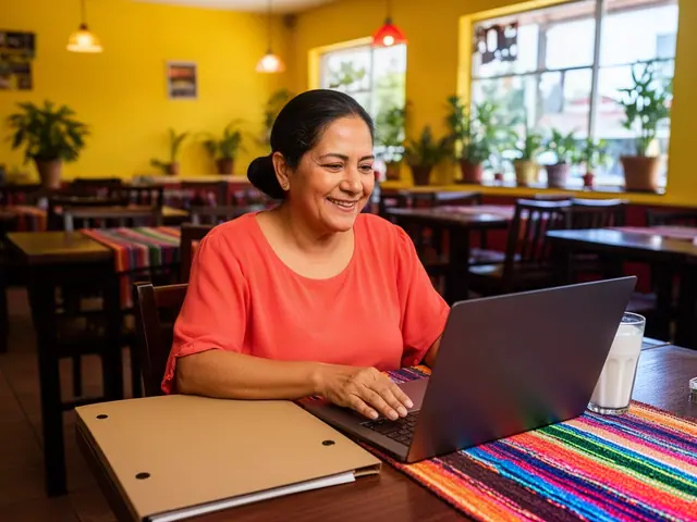 Smiling woman in a coral top working on a laptop at a table in her restaurant
