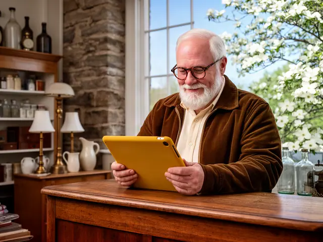 Bearded man in glasses and a corduroy jacket using a tablet at an antiques shop counter