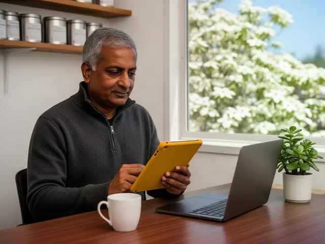 Man in a charcoal quarter-zip sweater using a tablet at a desk beside a laptop