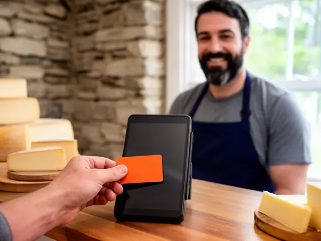 A customer's hand holds an orange card over a black payment terminal while a smiling cheese shop owner looks on