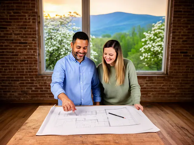 Two business partners smiling over a floor plan on a wooden table by a window