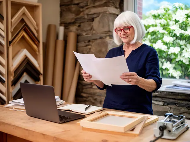 Woman with a white bob and red glasses reviewing papers at a framing shop work table